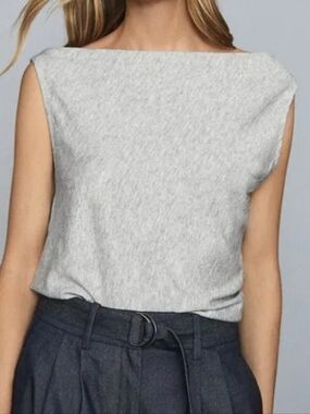 Reiss Becca Asymmetrical Linen Wool Cotton Knit Tank Top Boat Neck Marled Gray